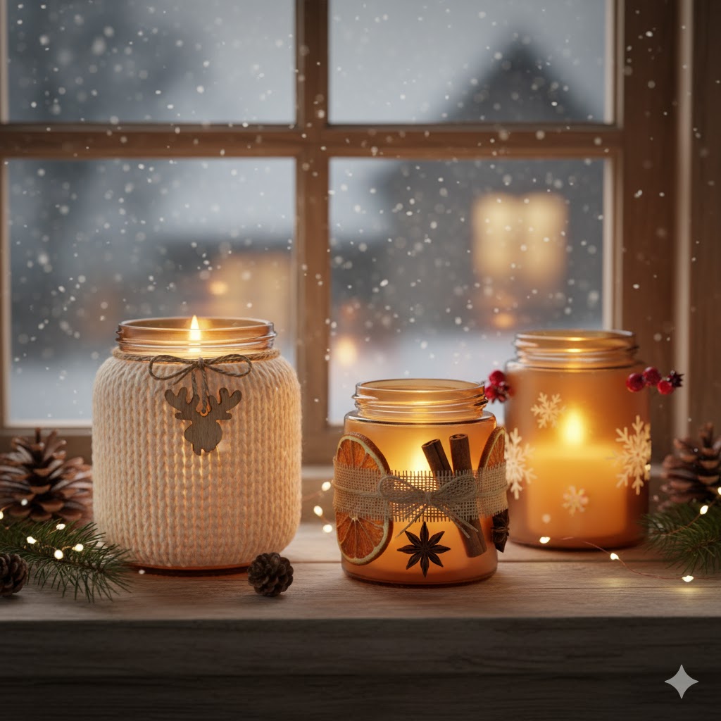 A set of cozy handmade candle jars glowing on a windowsill.