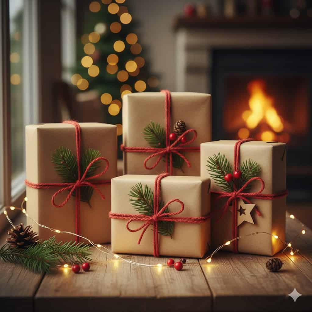 Gift boxes wrapped in brown paper with red twine and pine branches