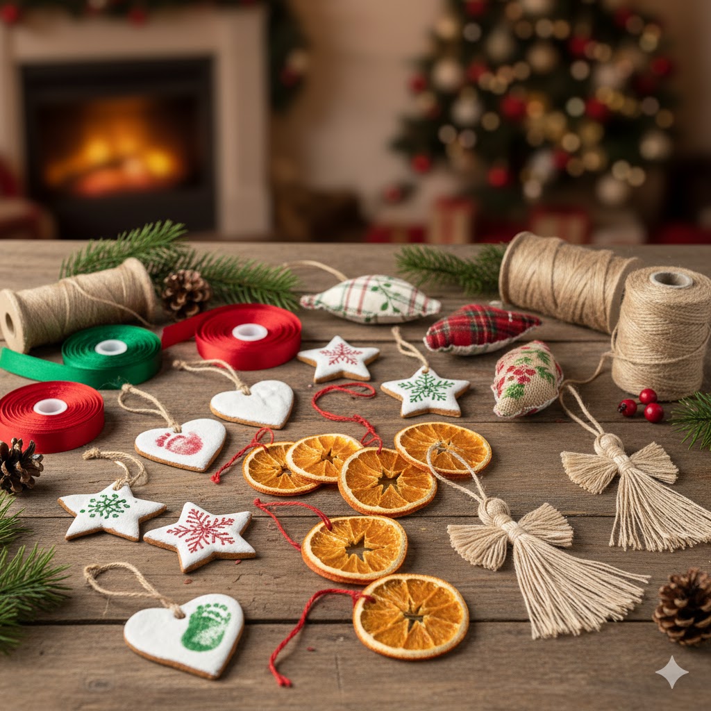 Homemade ornaments drying on a table with ribbon and twine.