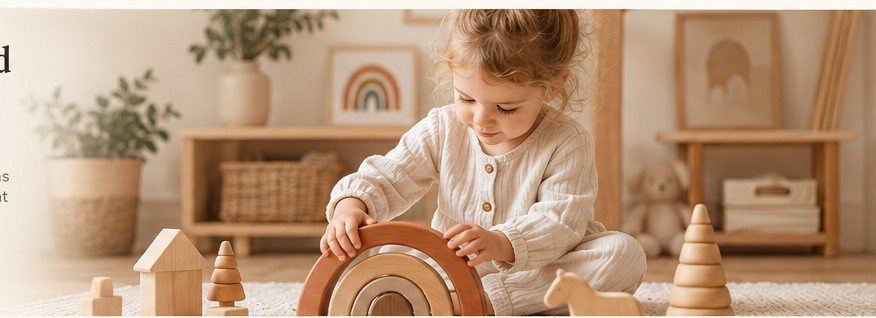 Wooden stacking toys and natural play materials in a warm, uncluttered playroom