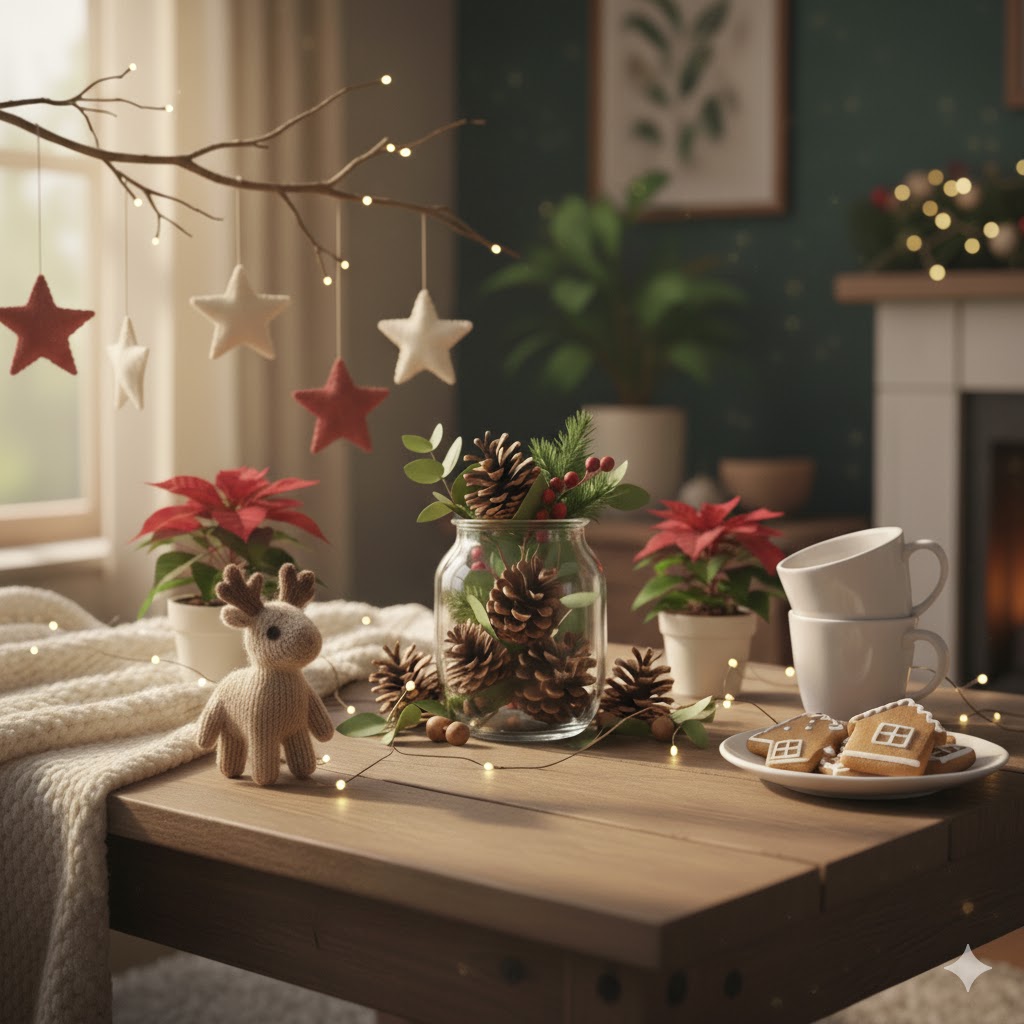 A wooden table with pinecones and greenery in a simple glass jar.